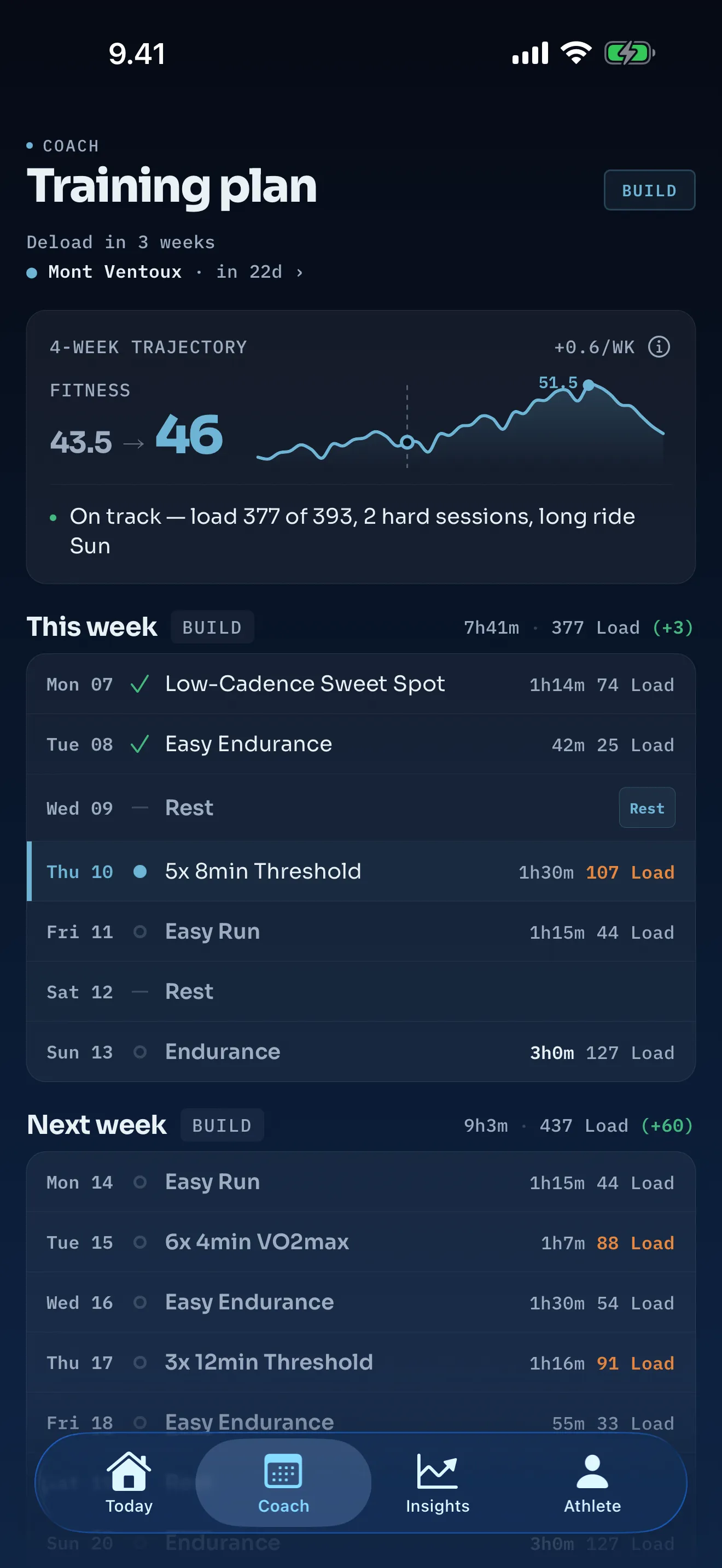 Routa Coach view showing a multi-week training plan